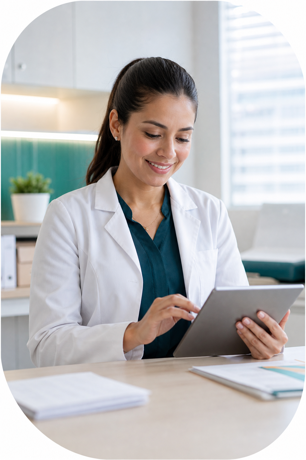 Profesional de salud usando Axixo en un consultorio moderno